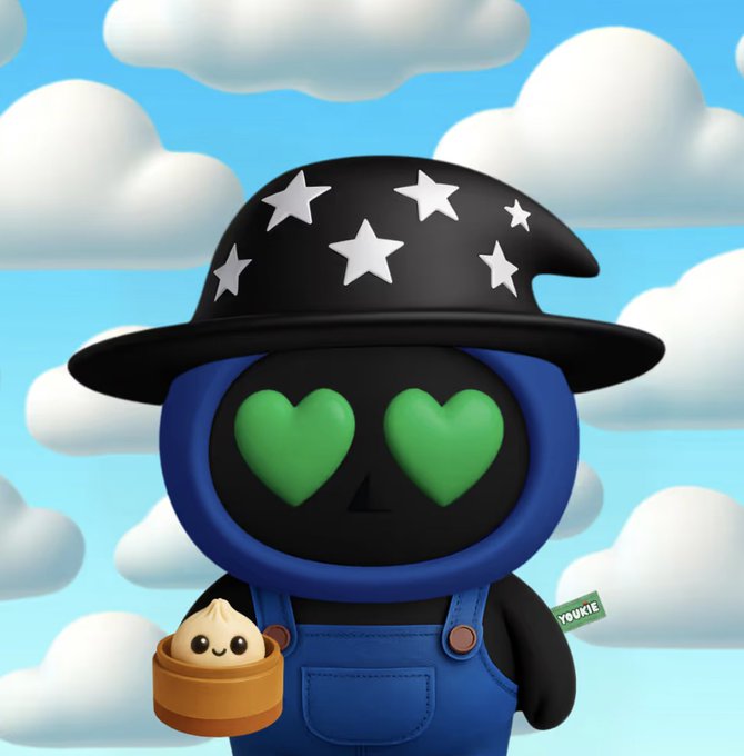 The image features a blue robot with green eyes wearing a black hat adorned with white stars and holding a small brown bowl. The caption reads "gnYoukie gnYoukie just bought this Youkie NFT on @base, now i can say, i officially joined the @Hobi_SanAi fam btw, should i set it as my PFP".