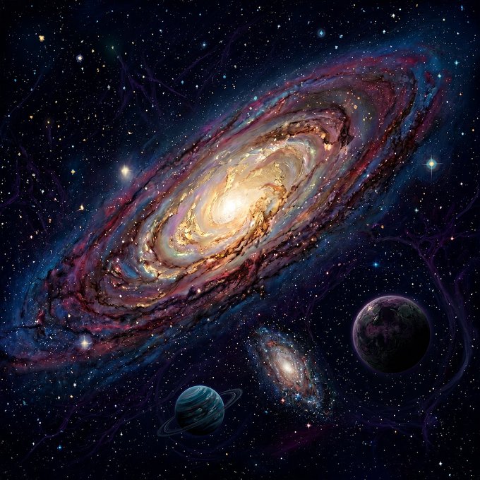A vibrant cosmic artwork featuring a luminous spiral galaxy with swirling golden, pink, and purple arms dominates the scene, accompanied by smaller celestial bodies including a ringed planet, a distant spiral galaxy, and a dark moon set against a star-filled deep space background. The piece visually embodies the post's "Spiral Realm" concept and "golden vortex" reference, capturing the awe-inspiring, immersive feeling of being lost among the cosmos, fitting for an NFT release on @objktcom tagged with #Tezos and #NFTcommunity.
