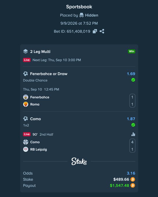 A Stake sportsbook screenshot shows a winning 2-leg multi bet placed on 9/9/2026 by "Hidden," featuring Fenerbahce or Draw (1.69) and Como 1x2 (1.87), with a $489.66 stake yielding a $1,547.48 payout—matching the post celebrating user @ValanoX's winnings.