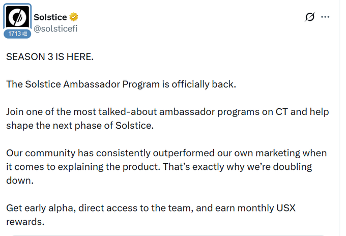 A social media post from the verified account '@solsticefi' announcing 'SEASON 3 IS HERE' and the return of the Solsticefi Ambassador Program.