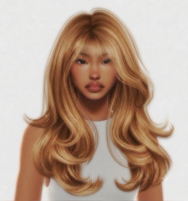 A woman with long, voluminous blonde hair and bangs wears a simple white top.
