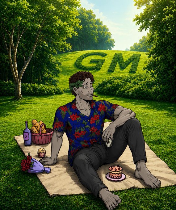 The image features a man sitting on a blanket outdoors, with a cake nearby. There are also wine bottles present in the scene. The caption reads "Can I get a GM?" which suggests that the man might be interested in receiving a message or asking for information related to GM.