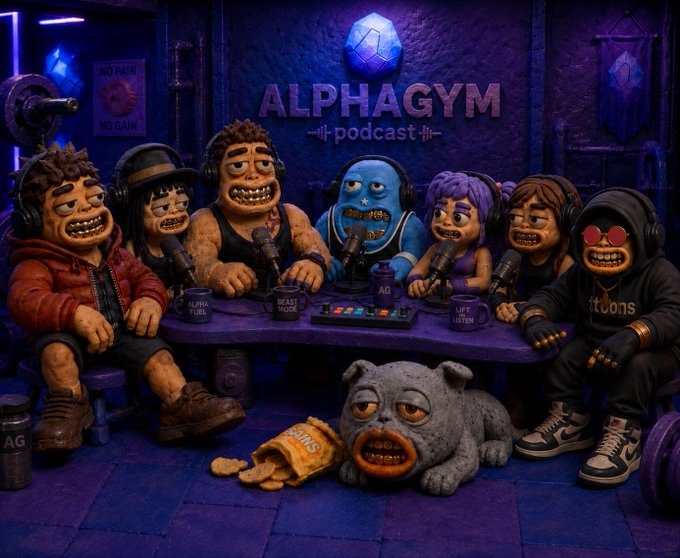 The image features a group of cartoon characters sitting around a table, with one character holding a microphone. The characters include a man wearing a hat, a woman with a ponytail, and two cartoon dogs. They are all gathered together for an interview or discussion on a podcast. The background is dark purple, which complements the overall color scheme of the image. The post includes text that reads "Note #61: t00ns & Gems on Top. Last days we have a barrage of news from t00ns team. > Finally we know the founder Olli Maktas. He is the artist. He is the artist of bad bunnz too. 500 OGs on GTD acquired their GTD spot. Soon Discord and soon more WL spots."