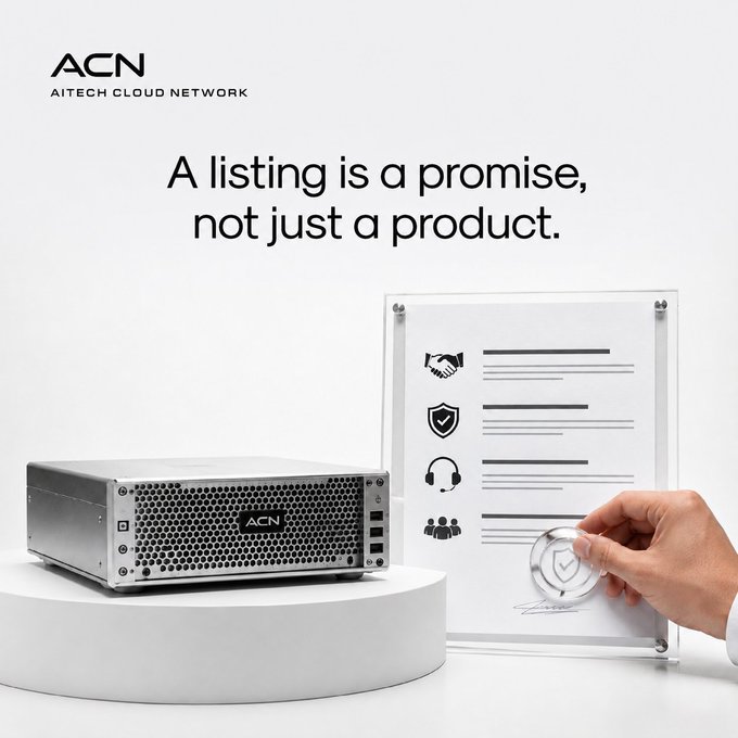 The image features the ACN (AITECH CLOUD NETWORK) logo alongside a sleek black server unit and a hand signing a document displaying icons for partnership, security, support, and community. The tagline "A listing is a promise, not just a product" reinforces the accompanying message, visually representing how publishing an AI tool to a marketplace is akin to signing a binding commitment to maintain, support, and be accountable for the product—much like the formal certification shown being applied to the listing.