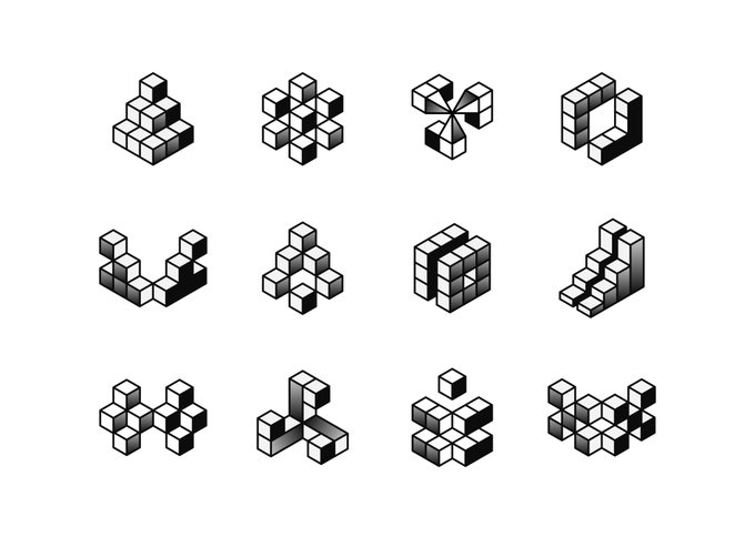 A set of 12 isometric pixel art icons depicting various 3D block structures and shapes arranged in a grid on a white background.
