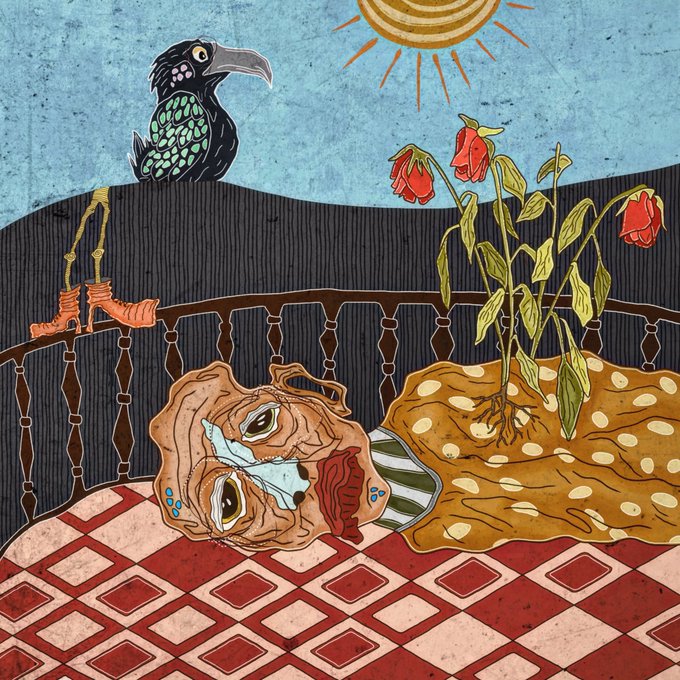 The image features a man lying down with his eyes closed, surrounded by flowers and a bird. The scene takes place outdoors, possibly at night or during dusk. The man appears to be sleeping, while the flowers and bird are present around him. The image is part of an art collection called "A Place To Breathe" on Instagram, which has been shared with over 3,000 people.