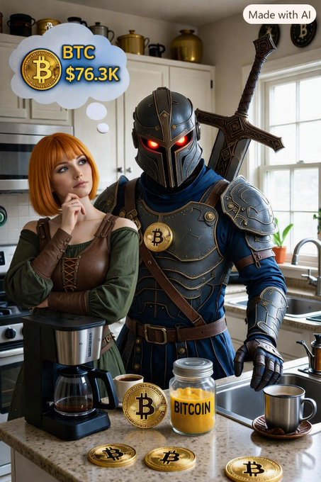 An AI-generated image labeled 'Made with AI' showing a red-haired woman standing next to an armored knight with glowing red eyes in a kitchen, with a thought bubble showing 'BTC $76.3K' and a Bitcoin-themed jar on the counter.