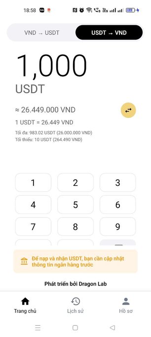 A cryptocurrency exchange conversion interface displaying USDT to VND exchange, where 1,000 USDT equals approximately 26,449,000 VND with fees (purchasing rate 983.02 VND/USDT and selling rate 1,024.90 VND/USDT), developed by Dragon Lab with a notice that bank information update is required for USDT deposits and withdrawals. This illustrates a compliant conversion method for withdrawing stablecoins to Vietnamese Dong, addressing concerns about safely converting crypto after Vietnam's new 0.1% personal income tax on digital asset transfers takes effect.