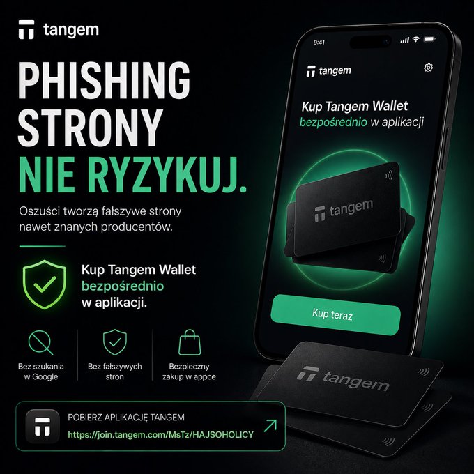 A Polish-language Tangem Wallet advertisement reading "PHISHING STRONY NIE RYZYKUJ" promoting safe wallet purchases via their app, featuring a smartphone display and contactless cards.