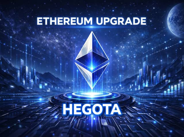 A futuristic digital landscape features the Ethereum logo prominently displayed on a glowing platform, with "ETHEREUM UPGRADE" at the top and "HEGOTA" below, set against a cosmic backdrop of stars, circuit patterns, and a crescent moon—visually reinforcing the post's announcement of the upcoming Hegotá network upgrade targeted for 2027.