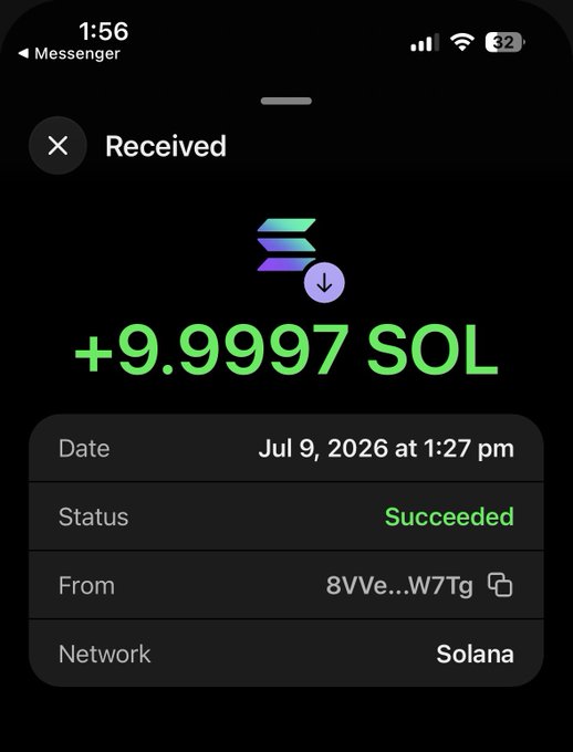 A screenshot shows a successful received transaction of +9.9997 SOL on the Solana network on July 9, 2026, confirming the "easiest 10 SOL" claim from the post.