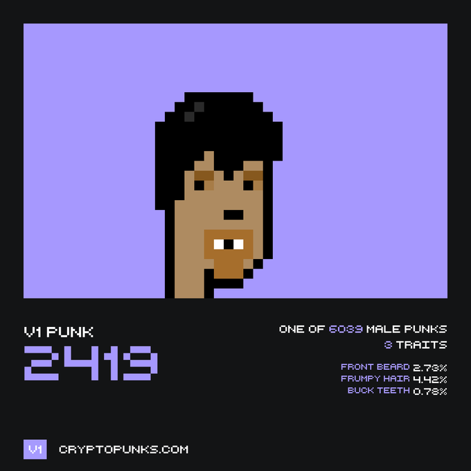 A CryptoPunk NFT profile showing pixelated male character #2419, noted as 'ONE OF 6039 MALE PUNKS' with 3 traits: Front Beard, Frump Hair, and Buck Teeth.