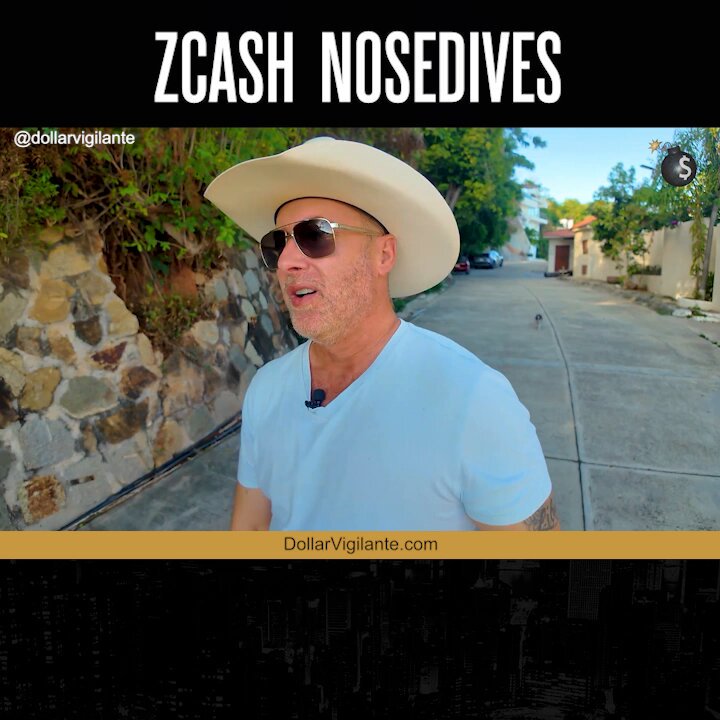 The image shows a man wearing sunglasses and a cowboy hat standing next to a stone wall or rock wall. The text above him reads "Zcash Noseives" and there are two other texts below him, one of which says "dollar Vigilante".