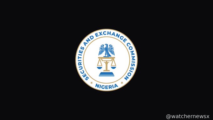 The official seal of the Securities and Exchange Commission (SEC) Nigeria, featuring an eagle, scales of justice, and the word 'NIGERIA', on a black background with the watermark @watchernewsx.