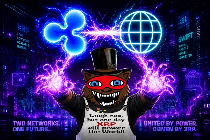 A promotional graphic featuring a grinning cat in a top hat and apron between the XRP and SWIFT logos, with text reading 'TWO NETWORKS. ONE FUTURE. UNITED BY POWER. DRIVEN BY XRP.' and 'XRP will power the World!'.