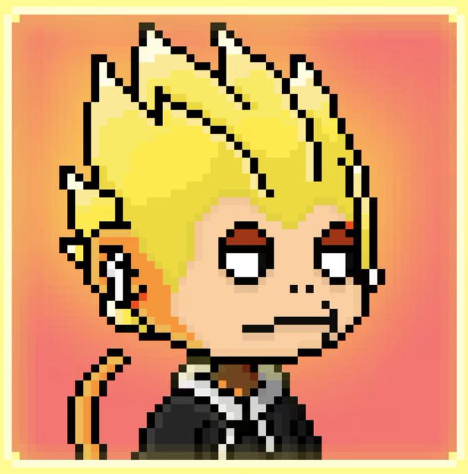 A pixel art portrait of a young boy with spiky yellow hair, wide eyes, and a small smile against a warm orange gradient background.