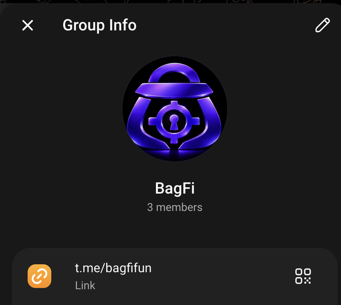 A Telegram Group Info screen for 'BagFi' showing 3 members, a purple logo featuring a padlock design, and the link t.me/bagfifun.