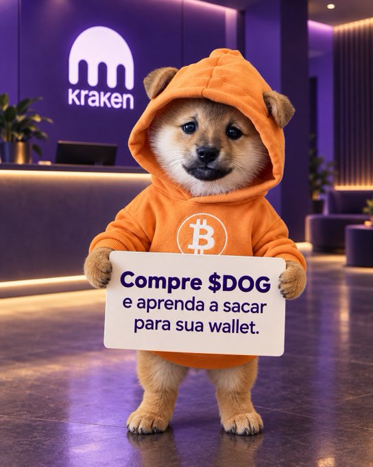 An AI-generated image of a Shiba Inu dog in an orange hoodie holding a sign reading 'Compre $DOG e aprenda a sacar para sua wallet' in front of a Kraken cryptocurrency exchange location.