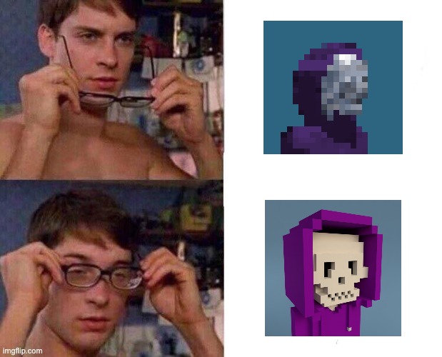 A four-panel meme comparing two photos of a young man removing and putting on glasses with two voxel/pixel-art character sprites.