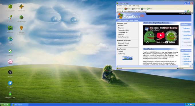 A Windows XP desktop screenshot featuring the iconic 'Bliss' wallpaper with blue sky and green hills, showing a PepeCoin Wikipedia Explorer window open and various desktop icons on the left side.