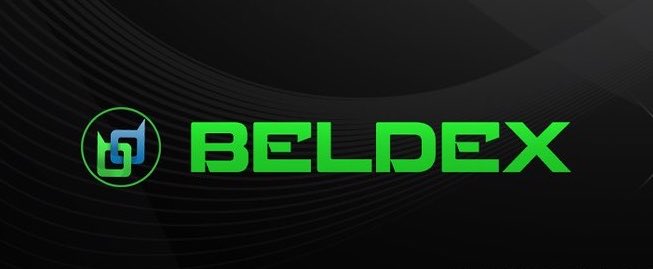 The Beldex logo is shown in bright green text with a stylized icon on a dark background.