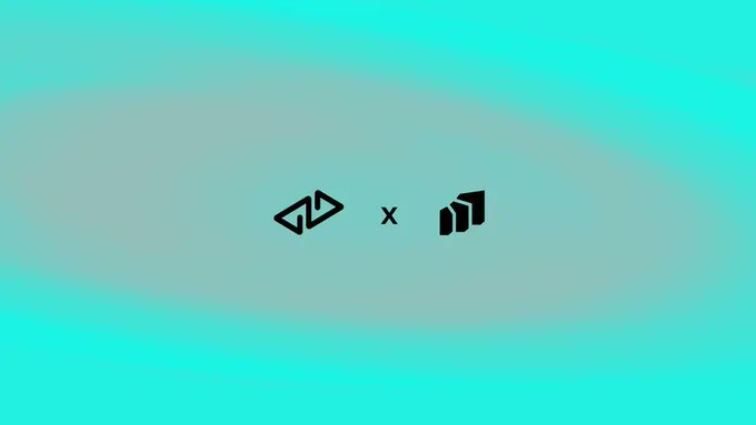 A minimalist graphic on a teal and mint gradient background showing two black logo icons separated by a small 'x', indicating a collaboration or partnership announcement.