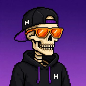 urn skeleton character, wearing a black hoodie and purple cap with "H" on it, stands against a purple background.
