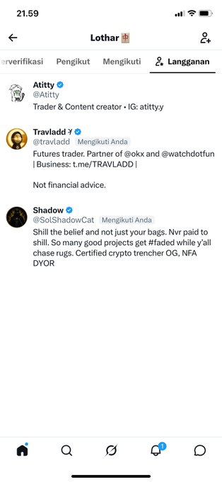 A mobile screenshot of a Twitter/X profile for 'Lotha' displaying the 'Following' (Mengikuti) tab with accounts like @Aitity (@Aitity), @travladd, and @SolShadowCat visible.