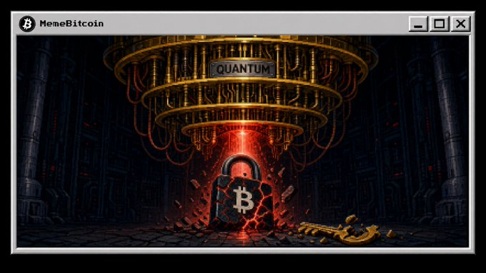 A stylized digital artwork displayed in a Windows-style frame with "QUANTUM" and "B" (Bitcoin logo) labels, featuring a golden mechanical structure above a Bitcoin vault with red glowing light, labeled "MemeBitcoin" in the corner.