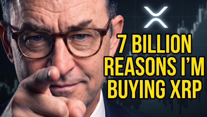 A YouTube thumbnail featuring an older man in glasses pointing at the camera, with text reading '7 BILLION REASONS I'M BUYING XRP' alongside the XRP logo.