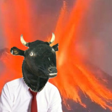 A surreal digital artwork of a man in a white shirt and red tie wearing a black bull mask against a fiery orange background.