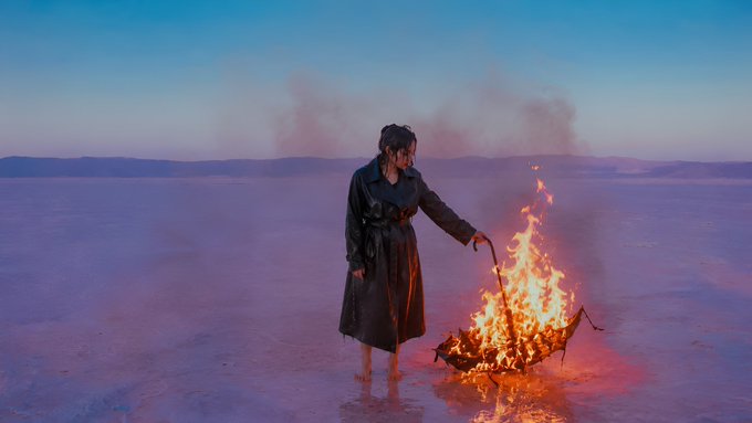 A woman in a dark coat stands barefoot on a vast salt flat at twilight, igniting an umbrella that blazes with bright orange flames as smoke drifts across the dusky horizon, embodying the artwork's theme of choosing the storm and releasing comfort.