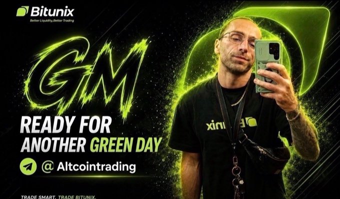 A promotional graphic for Bitunix featuring a man taking a mirror selfie, with text reading "Bitunix Better Liquidity, Better Trading," "GM READY FOR ANOTHER GREEN DAY @ Altcointrading," and "TRADE SMART, TRADE BITUNIX."