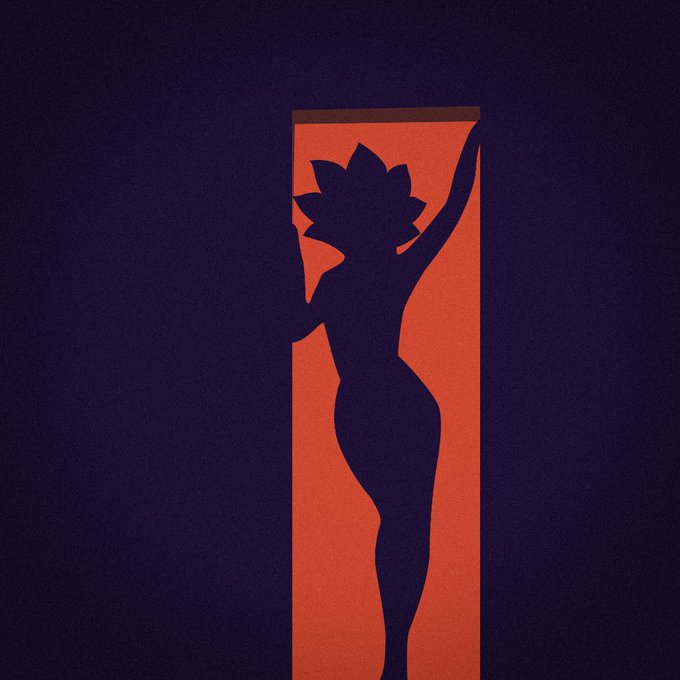 A minimalist silhouette of a stylized female figure with a leafy, flower-like head, rendered in dark navy against a contrasting vertical orange stripe on a dark background.