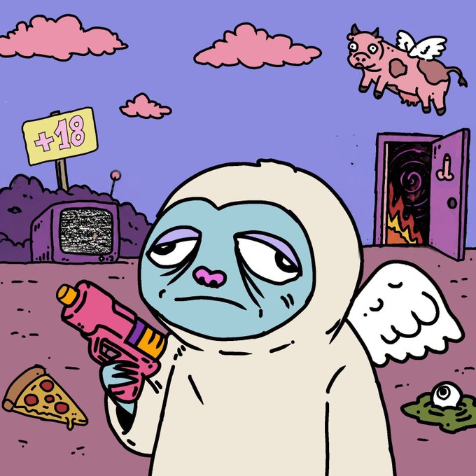 A tired, blue-faced angel with pink lips and droopy eyes holds a pink gun in a surreal landscape featuring a "+18" TV sign, a slice of pizza, a flying pig with wings, and a flaming portal door—visually echoing the chaotic, irreverent warning of an imminent mint announcement with 300 GTDs and 350 WLs.