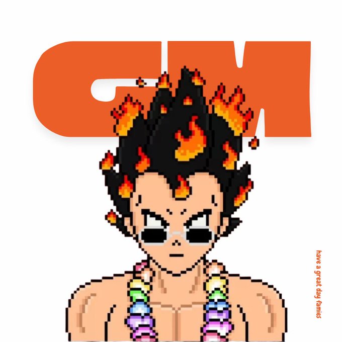 A pixel art illustration of a shirtless character with flaming hair and a colorful beaded necklace, set against an orange 'GM' logo with the text 'Have a great day famirss' on the side.
