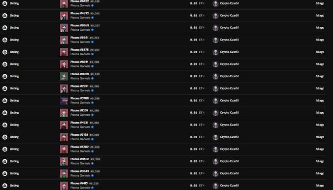 A long list of NFT listings for "Phono Genesis" items, each priced at 0.01 ETH and listed by the user "Crypto-CharSi".