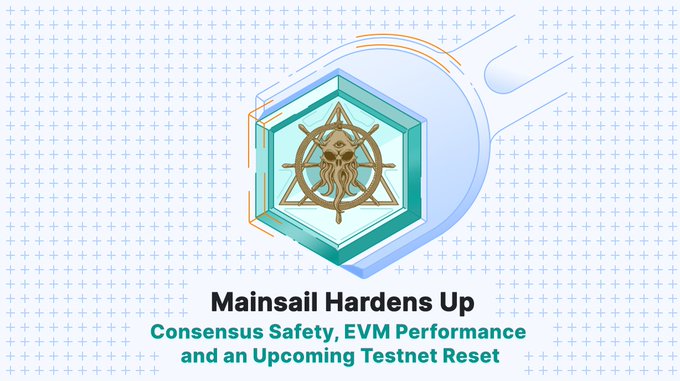 An announcement graphic with a hexagonal logo featuring an octopus, titled "Mainsail Hardens Up: Consensus Safety, EVM Performance and an Upcoming Testnet Reset".