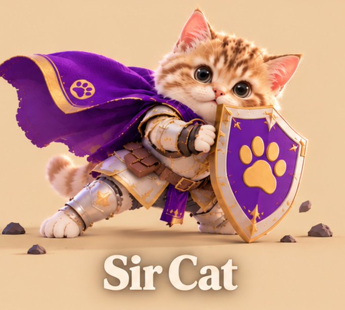 A 3D-rendered orange tabby kitten dressed as a knight with purple cape and shield, labeled 'Sir Cat' at the bottom.