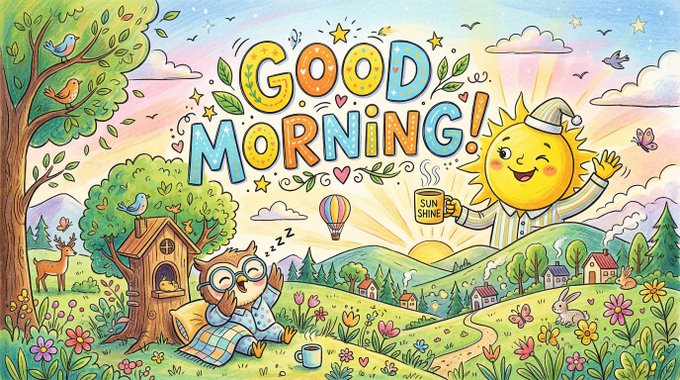 Colorful cartoon illustration with 'GOOD MORNING!' text, featuring a smiling sun wearing a nightcap holding a 'SUN SHINE' mug, a sleeping owl in pajamas, birds, trees, and a rainbow landscape.