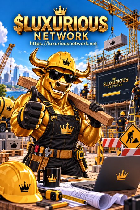 A promotional graphic for '$LUXURIOUS NETWORK' (https://luxuriousnetwork.net) featuring a muscular golden bull wearing sunglasses and overalls holding a wooden plank at a construction site.