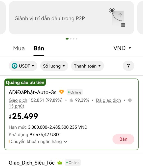 A Vietnamese P2P cryptocurrency trading interface (Binance) showing a USDT sell listing by "ADiĐaPhật-Auto-3s" priced at 25,499 VND with a transaction success rate of 99.89%.
