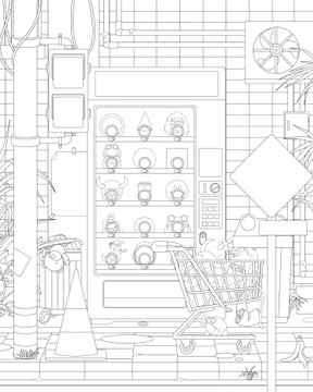 A black-and-white line art illustration of an urban street scene featuring a vending machine, shopping cart, traffic cone, and brick wall background.