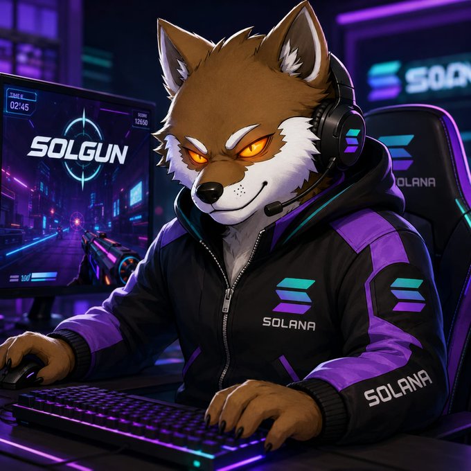 The image features a cartoon dog wearing a jacket with the word "solana" written on it, sitting at a desk with a keyboard in front of him. The dog appears to be playing a video game or using a computer mouse, as there is also a monitor present in the scene. The background shows a city street and neon lights, creating an urban atmosphere for the setting.