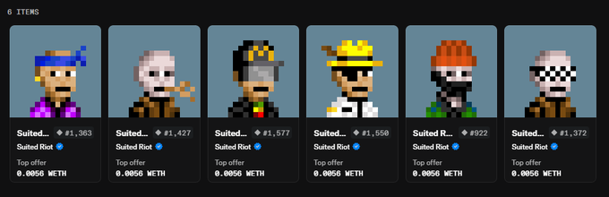 A screenshot from a NFT marketplace displaying six pixel-art character avatars (Suited Riot collection), each listed with prices ranging from 0.0050 ETH and varying diamond counts (#1,363 to #1,577).