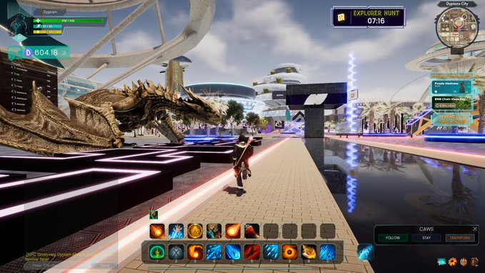 A screenshot from a futuristic 3D MMO game shows a character standing near a large gold dragon sculpture and a giant virtual smartphone in a city plaza, with HUD elements displaying "$604.18" in currency and an "EXPLORER HUNT 07:16" timer. The gaming/tech imagery visually supports the post's message about ecosystem growth and $WOD-powered Web3 expansion, using the game's virtual world as a metaphor for an expansive digital network reaching toward "the next billion."