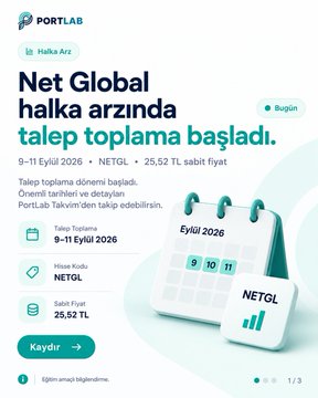 A mobile screen from PortLab shows a Turkish IPO public offering for NETGL starting September 9-11, 2026, with a share price of 25.52 TL.