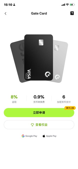 A mobile app screen for 'Gate Card' displays black and grey Visa cards, an 8% cashback feature, 0.9% currency conversion, and a green '立即申请' (Apply Now) button.
