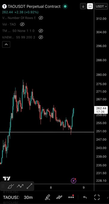 A TAOUSDT perpetual contract chart on a 30-minute timeframe shows the price currently at 262.44, up 2.38 (+0.92%), with the recent candle pushing higher off a low base around 251, supporting the author's outlook for new highs while holding those lows.