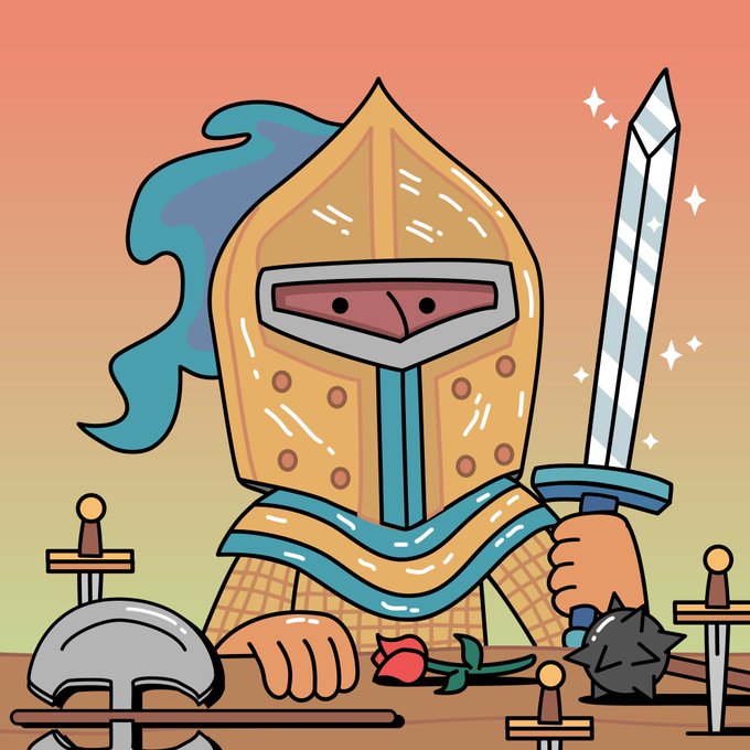 An illustration of a cartoon knight wearing a golden helmet with blue plume, holding a sword, with chess pieces and a rose on the table in front of them.